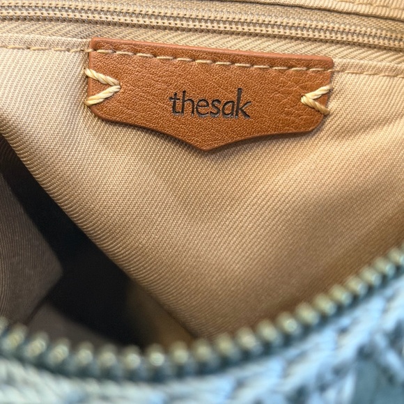 The Sak Lucia Leather Crossbody Bag Sage Green Crochet Trim Bucket Style Boho - Picture 5 of 9